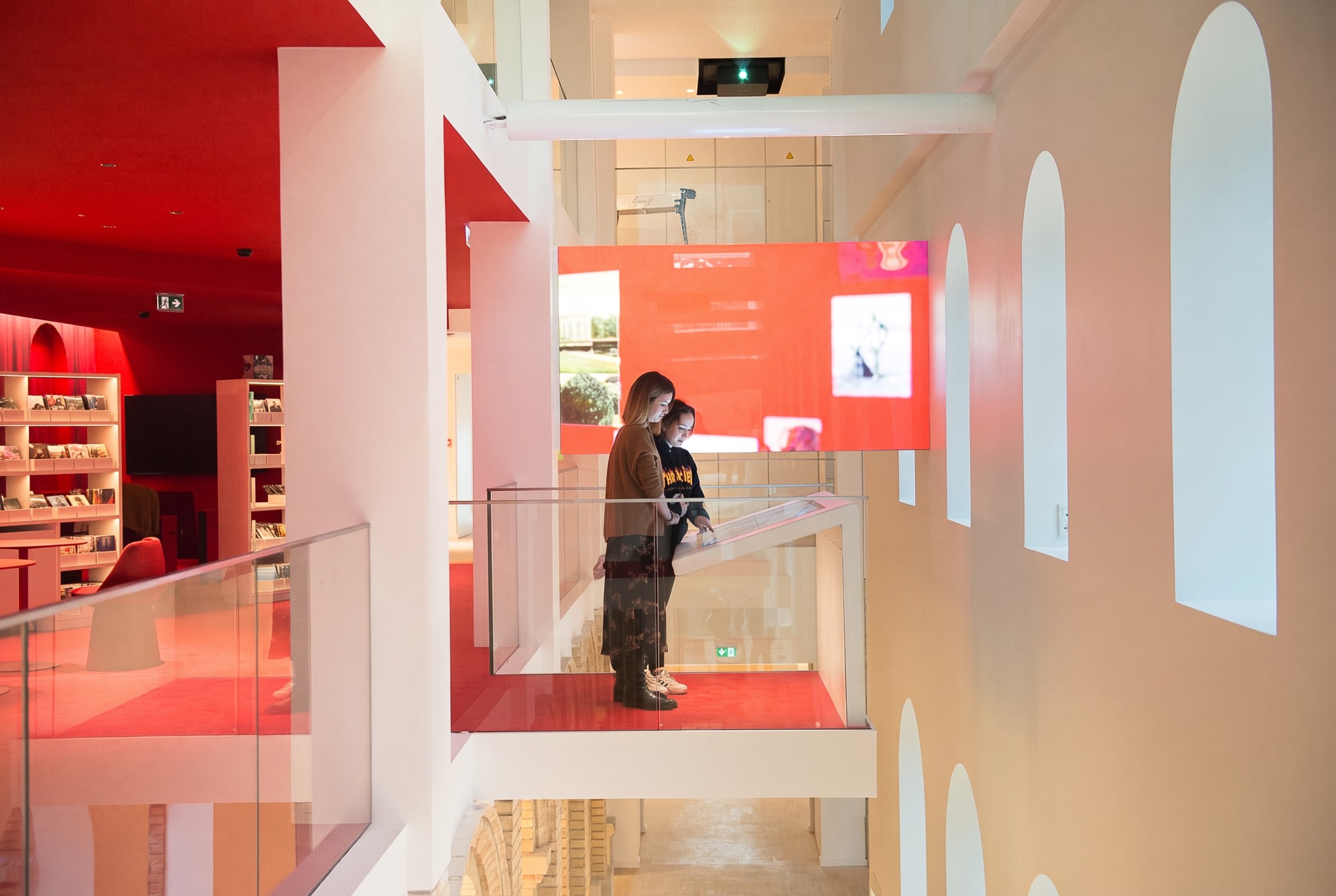 Interactive displays in a museum stairwell