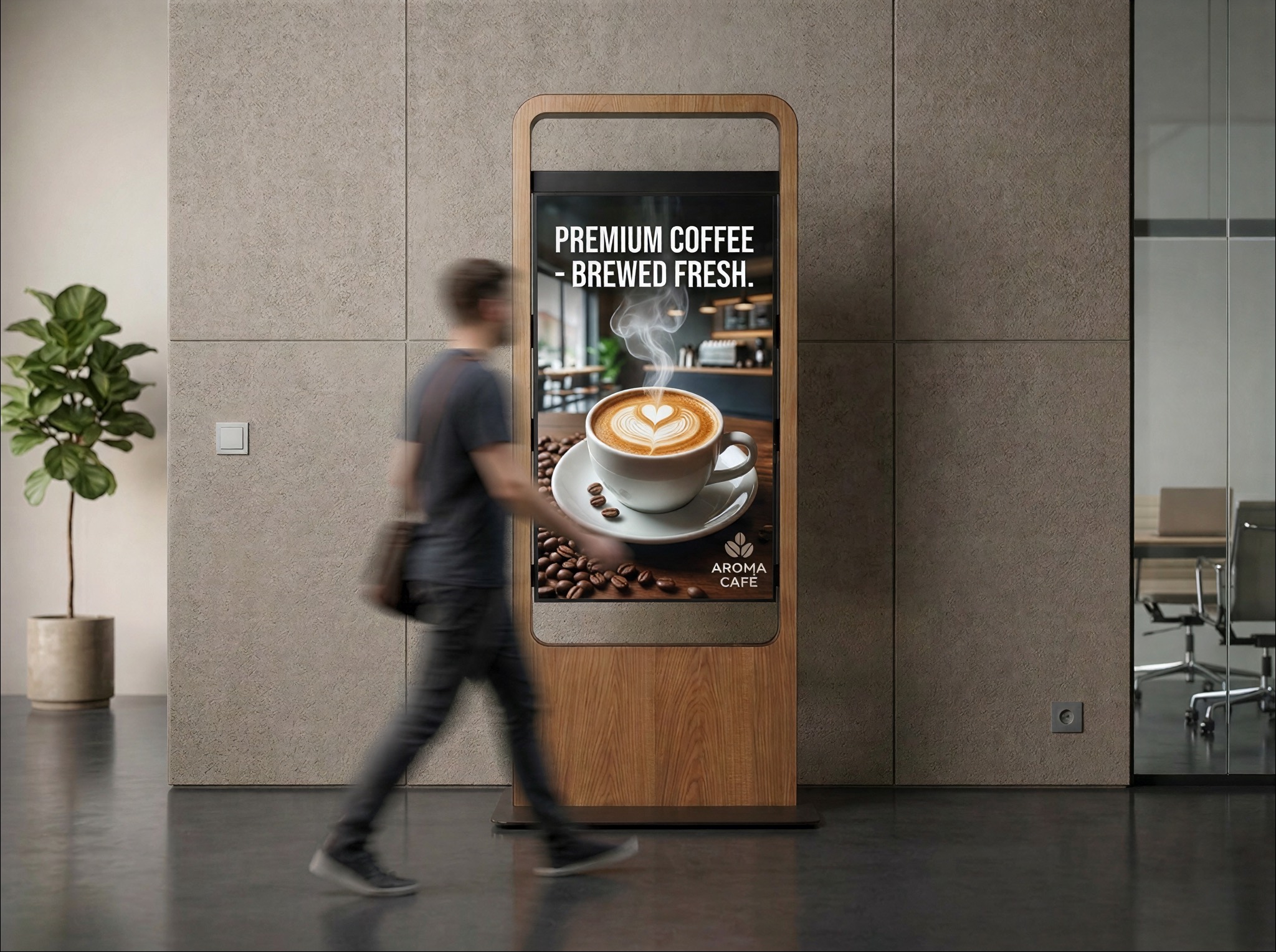 Digital signage totem with a wood frame