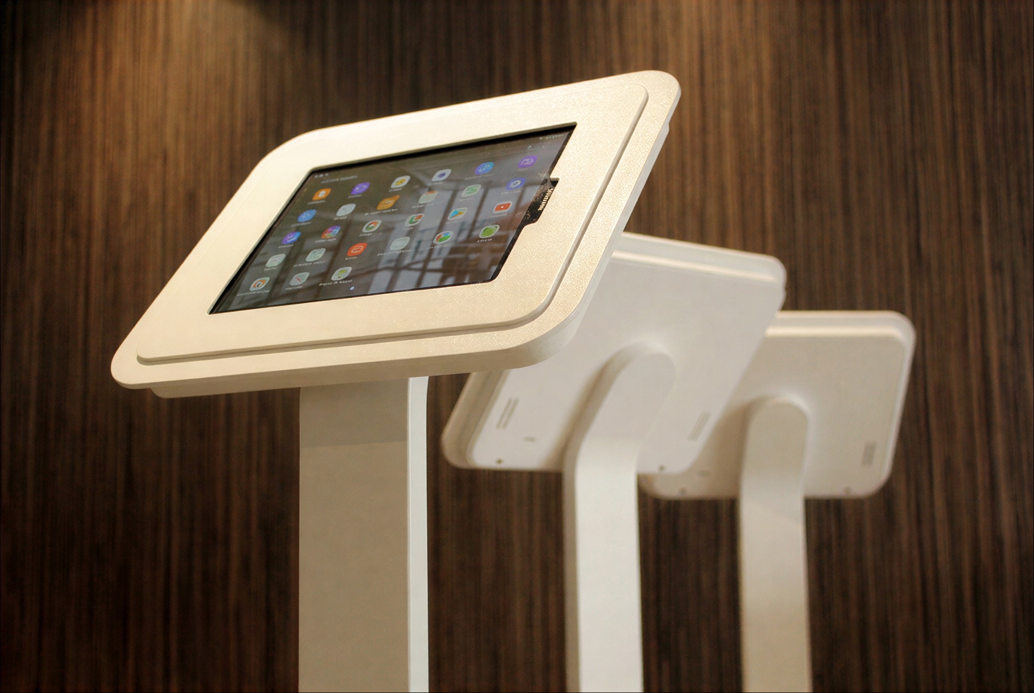 Tablet stands in a white finish