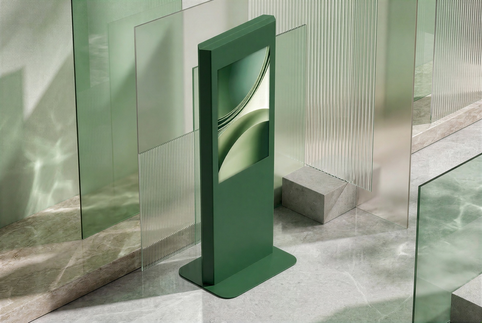 Nex kiosk, full body in a studio setting